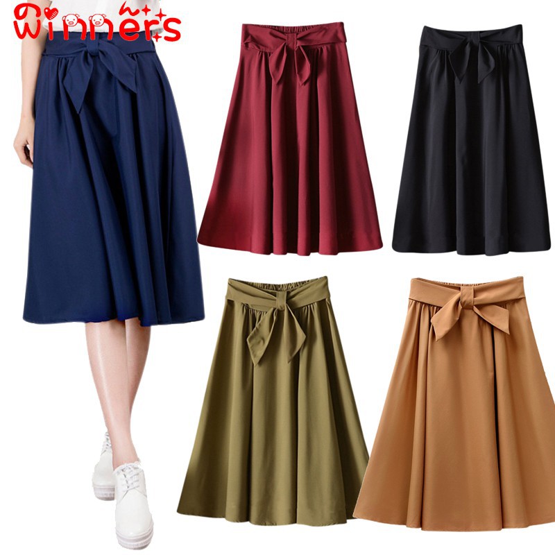  Rok  Selutut  A Line  Lipit High Waist Elegan Aksen Pita 