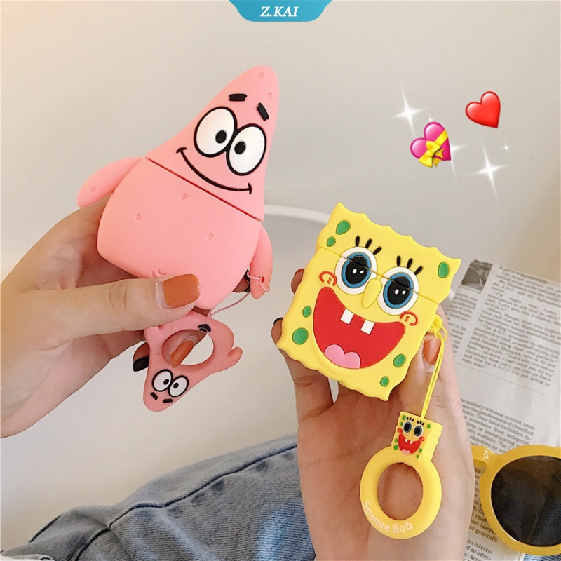 Casing Silikon Motif SpongeBob SquarePants Patrick Star + Gantungan Kunci Untuk Simpan Earphone Wireless Bluetooth AirPods 1 / 2 / 3pro