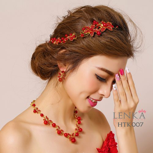 Paket Tiara Kalung Anting Pesta Crystal Merah Aksesoris Wedding Modern Lenka - HTK007