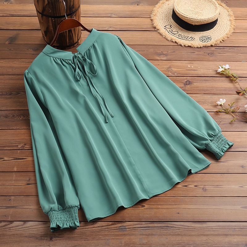 ZANZEA Women Fashion Casual Solid Color Puff Sleeve O Neck Smocking Retro Blouse