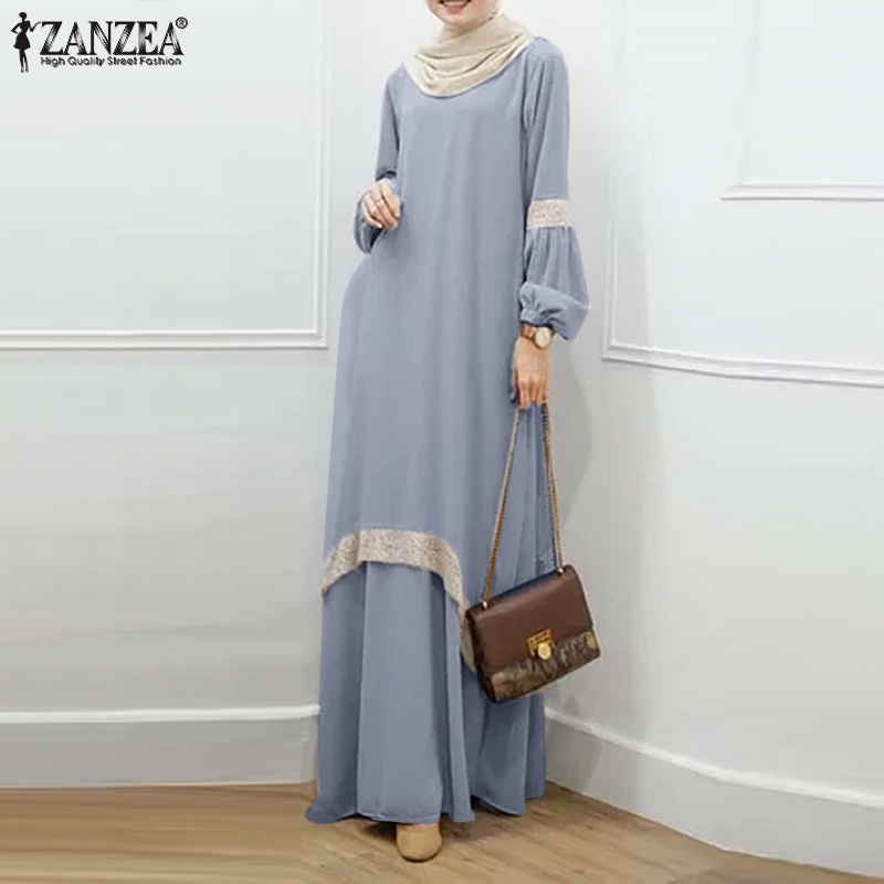 ZANZEA Women Fashion Full Sleeve O-neck Lace Patchwork Solid Muslim Long Dress