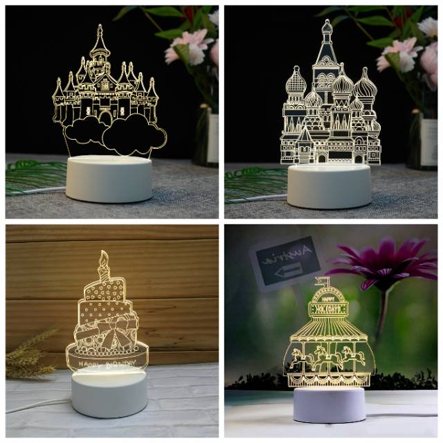 3 warna Lampu 3D meja hias tidur 3 dimensi akrilik, acrylic, LED led lamp gift illusion