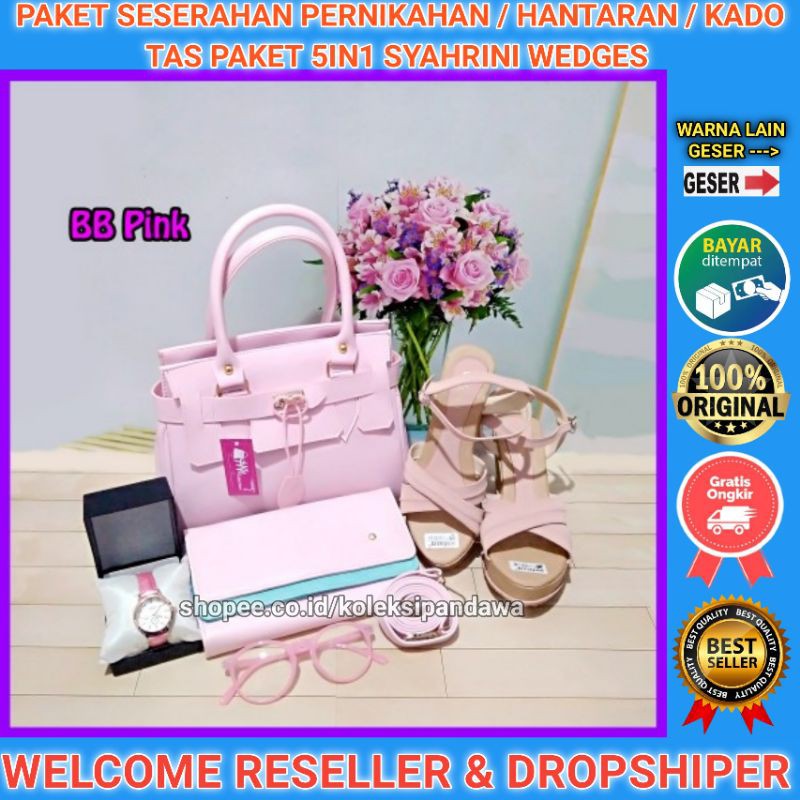 TAS DOMPET WANITA PAKET SESERAHAN PERNIKAHAN JAM TANGAN KACAMATA SENDAL WEDGES SANDAL WEDGES WANITA