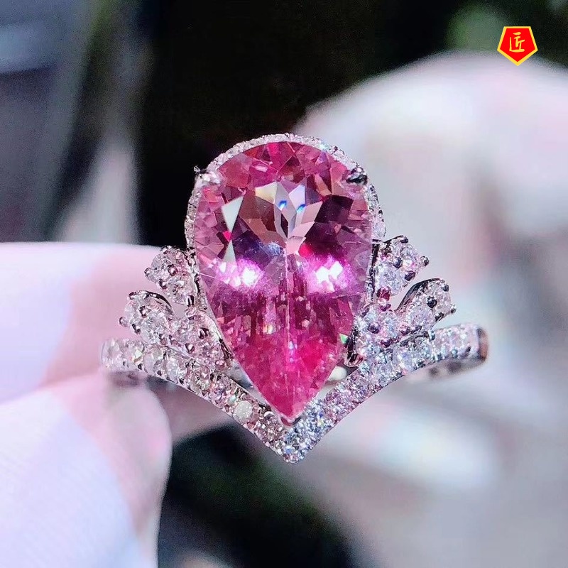 [Ready Stock]Luxury Crown Pink Tourmaline Colored Gems Open Ring