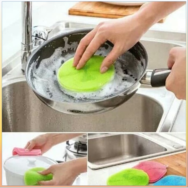 Pencuci Piring Spon Silikon Cuci Piring BULAT Anti Kuman Bakteri Panci Spons Sikat Reusable Sponge