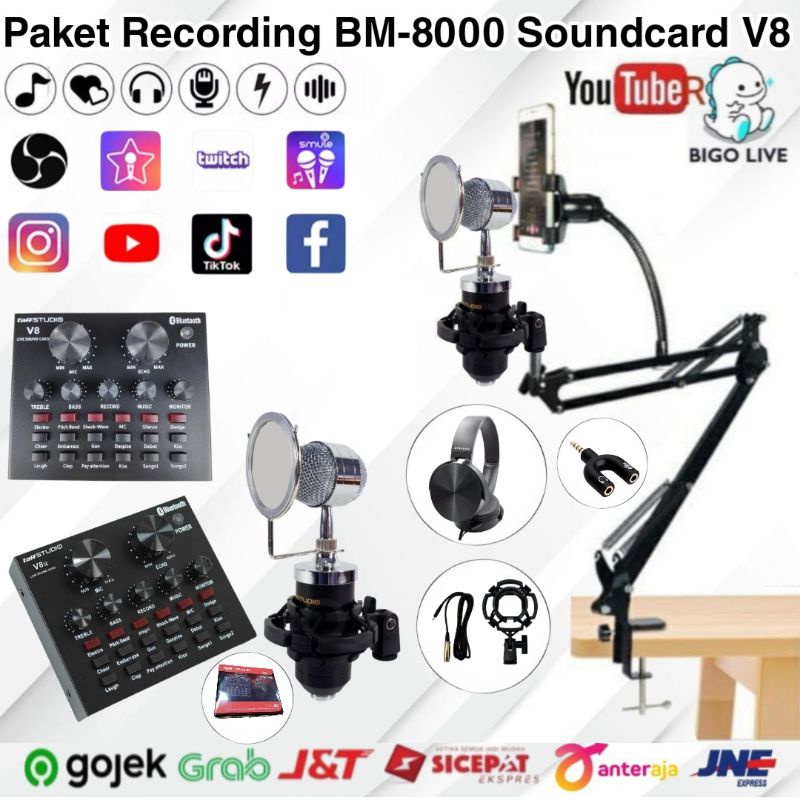 Paket Mic BM8000 Soundcard V8 Stand Phone Holder Home Recording Terbauk