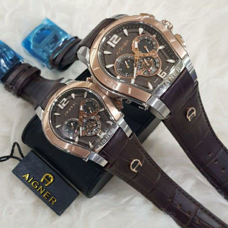 Jam Tangan Couple Aigner Palermo Cronograp Super Graden AAA Tali Kulit Coklat- Aigner Palermo Couple