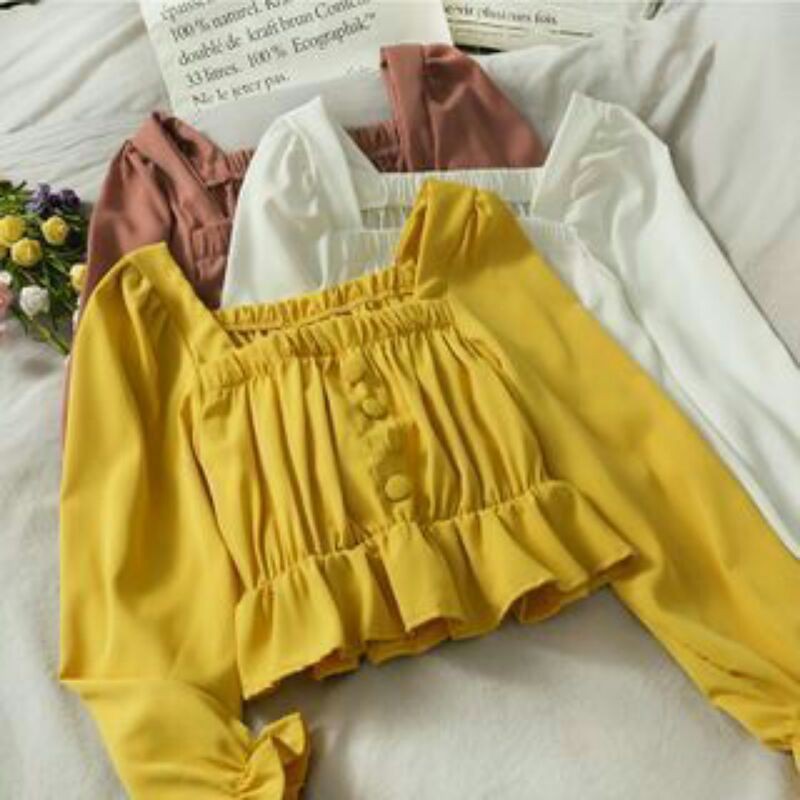 Blouse kerut kancing kerah persegi