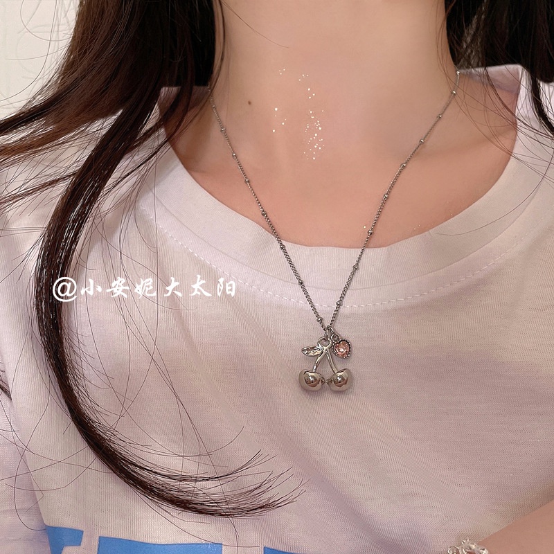 Merah muda Cherry kalung wanita hipster gadis manis hati dingin bear titanium steel kalung baru kalu