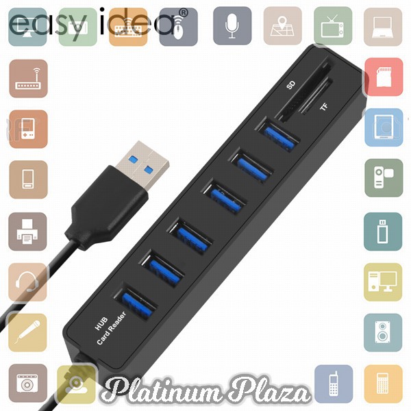 2 in 1 USB Hub 6 Port Combo Card Reader SD/TF Card - CB220602 - Black`I68PBP-