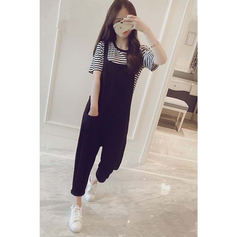 Celana Panjang Overall Jumpsuit Wanita Korean Style Longgar Tipis Suspender Wanita Casual Celana Set Baju Lengan Pendek