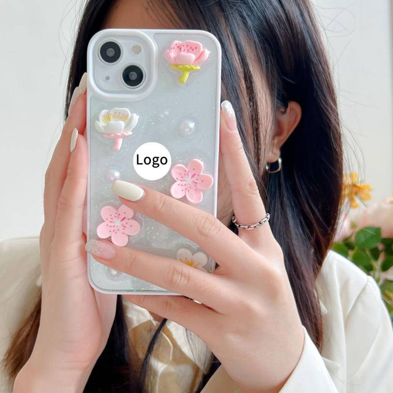 Soft Case Silikon Motif Bunga Sakura 3D Glitter Untuk iPhone 13 12 11 Pro MAX Mini X XS MAX XR SE 2022 2020 7 8 Plus