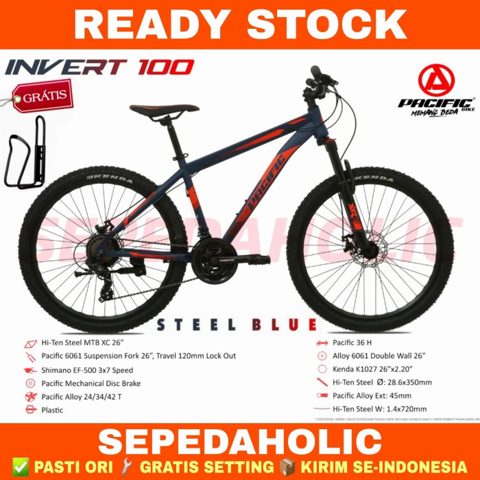 Sepeda Gunung 26" Inch MTB PACIFIC INVERT 100 Shimano 21 Speed Cakram - Steel Blue, BONUS HOLDER