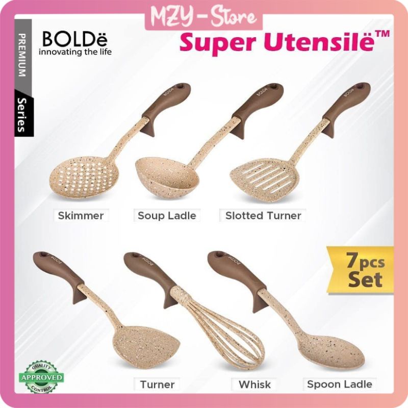 (FREE Holder Spatula) BOLDe Super UTENSILE Granite Series 7 pcs Spatula set Alat Masak Beige