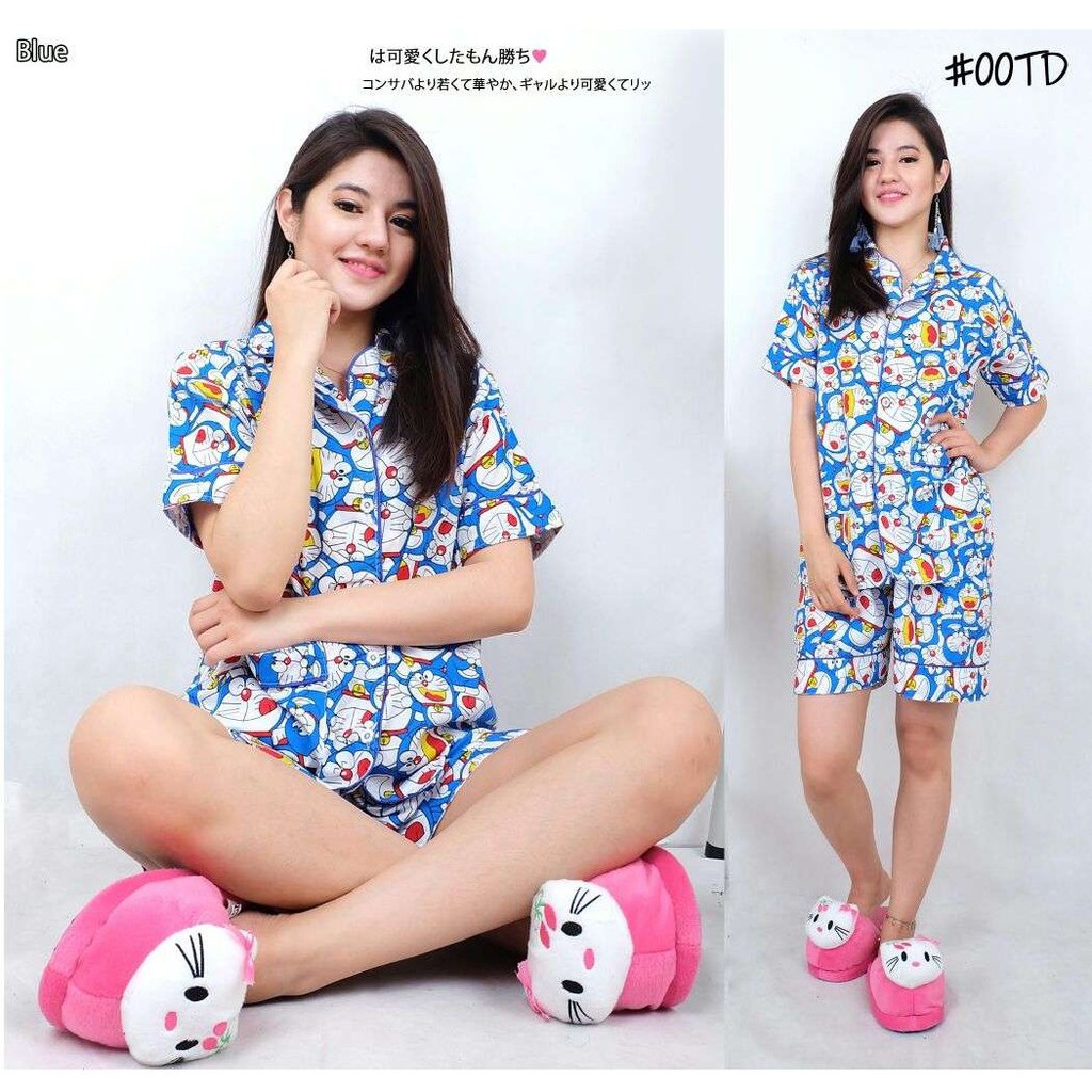 [Pajamas Set Doraemon Biru SW] piyama wanita katun jepang biru