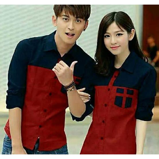 BARANG MURAH BAJU COUPLE KEMEJA MARUN - KAOS FASHION PASANGAN PRIA WANITA MURAH FREE ONGKIR..