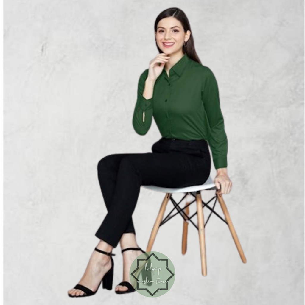 KEMEJA WANITA EXCLUSIVE KEMEJA POLOS BASIC LENGAN PANJANG - Hijau Botol