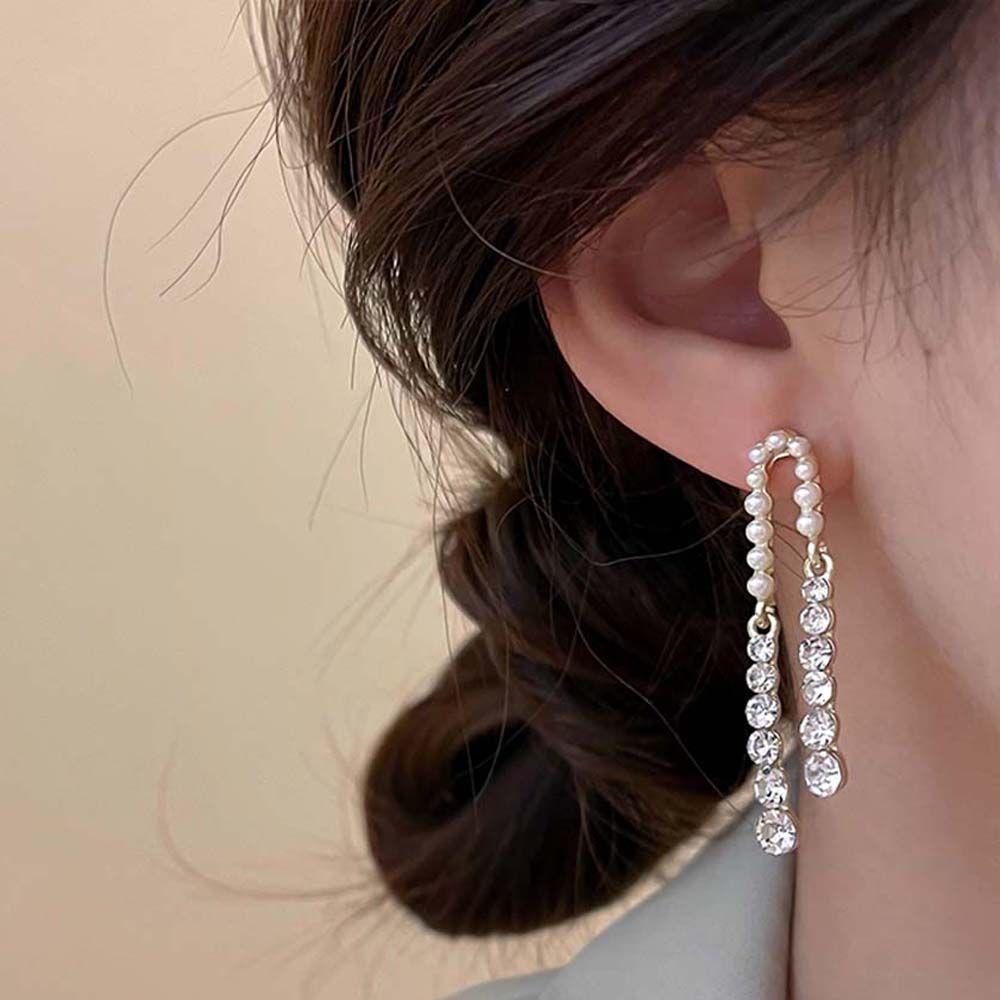 Mxbeauty Menjuntai Anting Trendi Elegan Mengkilap Mutiara Panjang Gadis Hadiah Geometris Zirkon Anting Korea