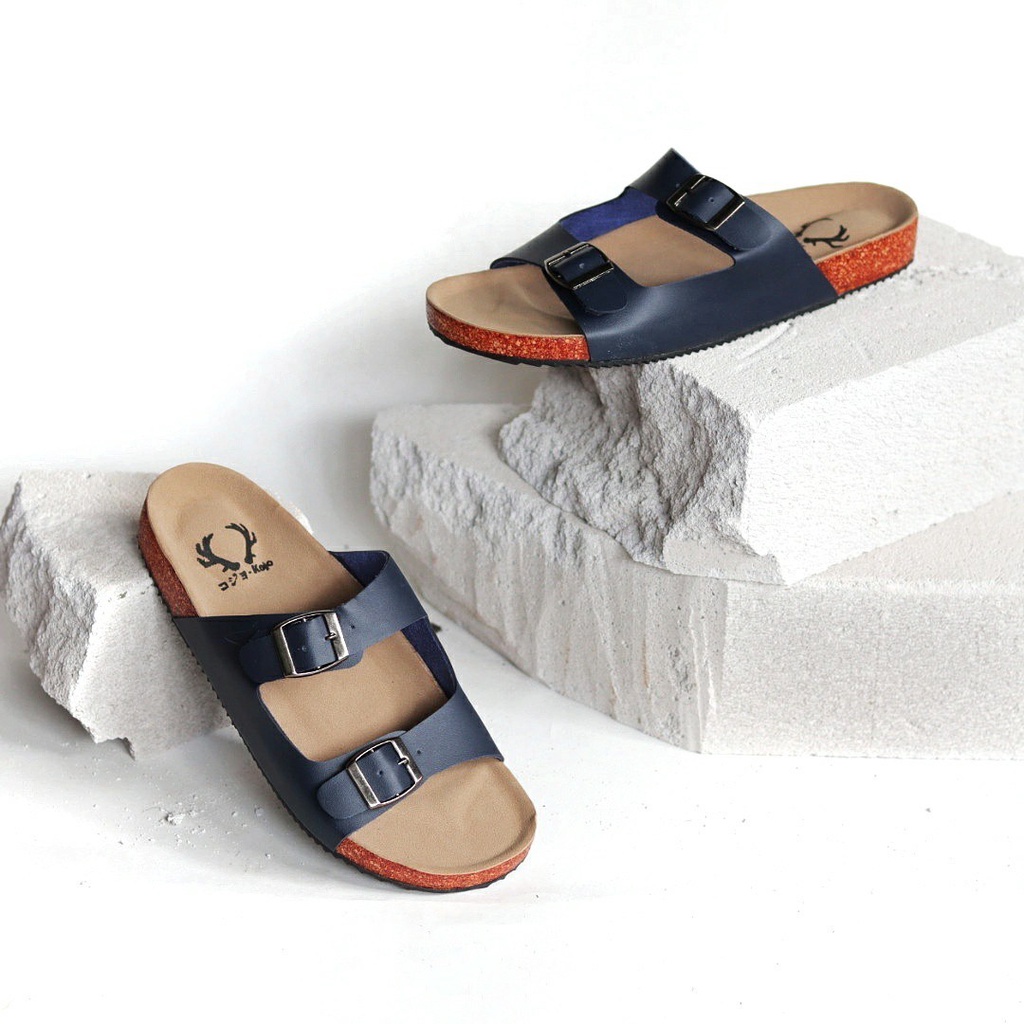 KOJO x HIRO 2 - Sandal Casual Slide Pria Slop Cowok Santai Gaya Distro Kulit PU Coklat Hitam Navy Original KOJO HIRO 02