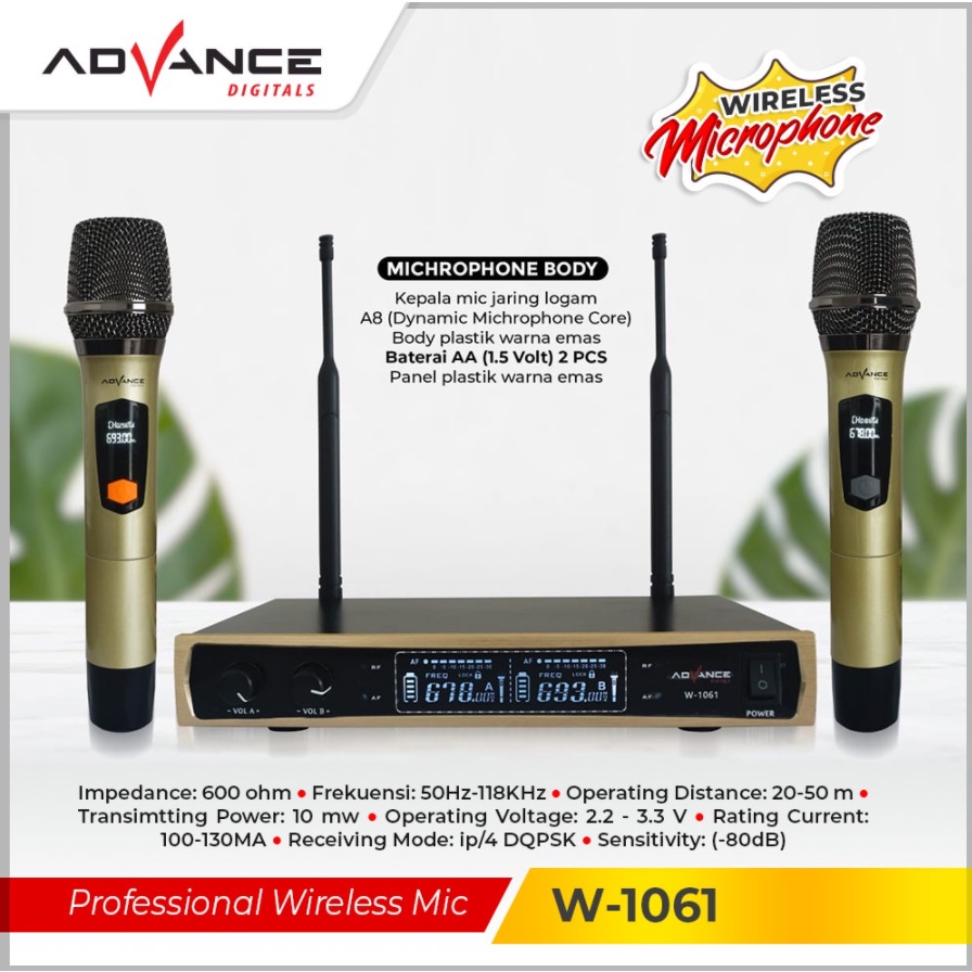 ADVANCE W1061 Dual Mic Wireless Profesional Microphone + Amplifier Mic