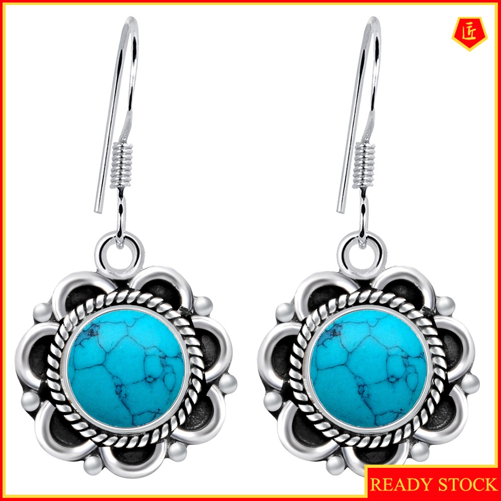 [Ready Stock]Creative Flower Inlaid Turquoise Earrings Retro S925 Silver
