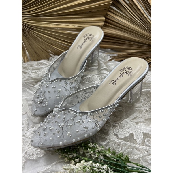 sepatu wedding wanita yasmika silver tinggi 7cm kaca