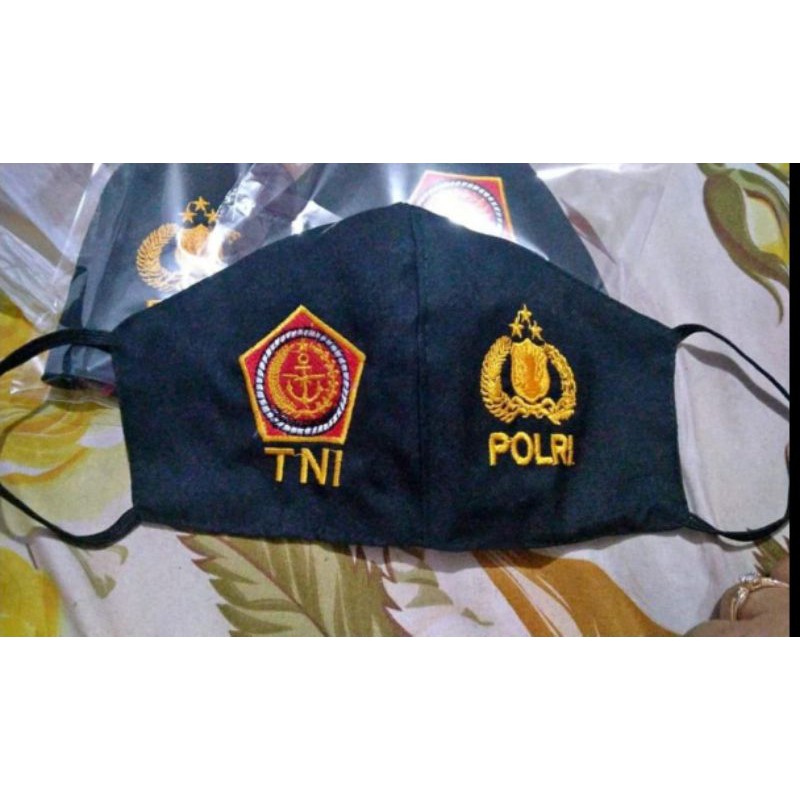 Masker Tni Polri kain 3ply Logo Bordir dan Scuba Logo Bordir