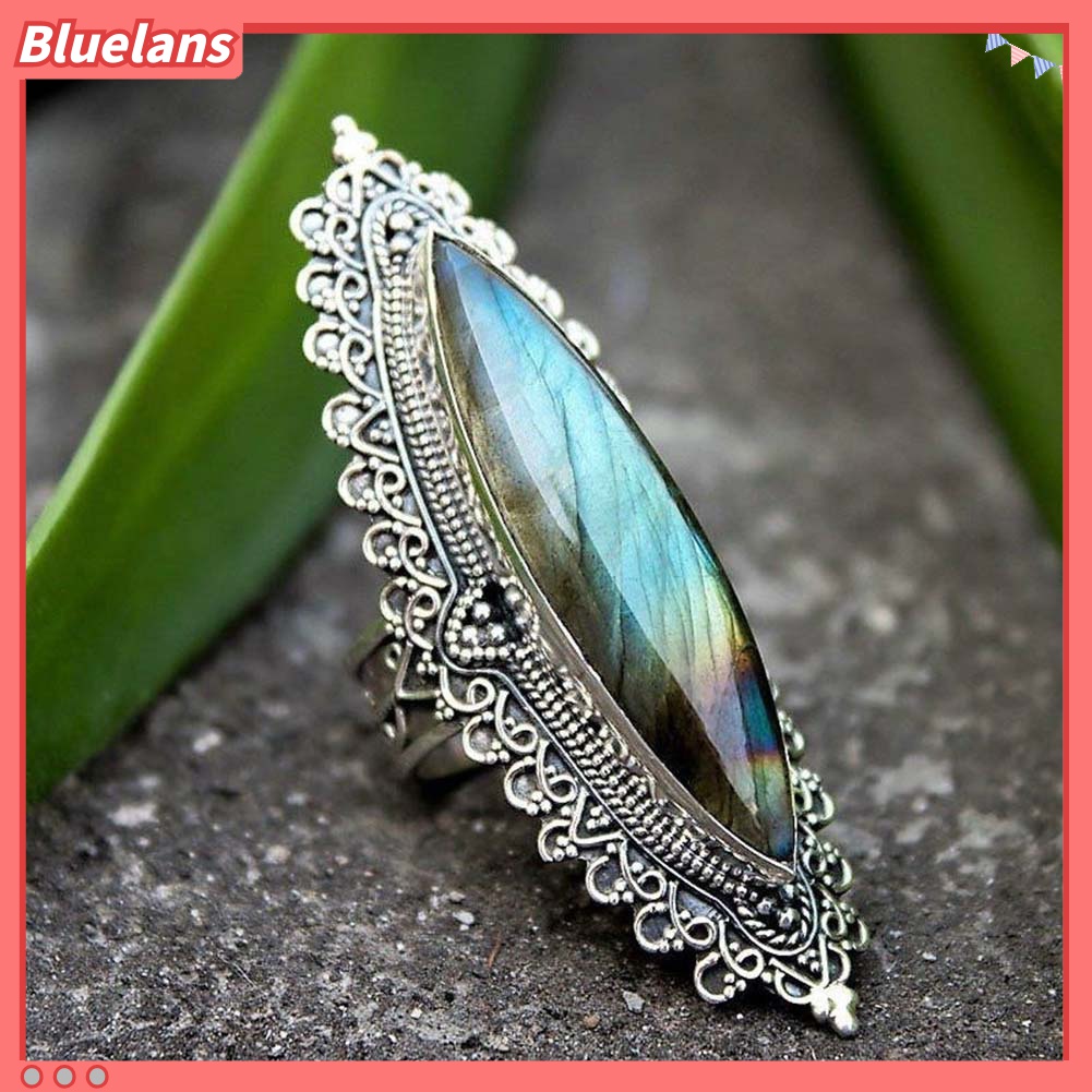 Perhiasan Cincin Jari Wanita Model Retro Marquise Cut Labradorite Imitasi Untuk Hadiah