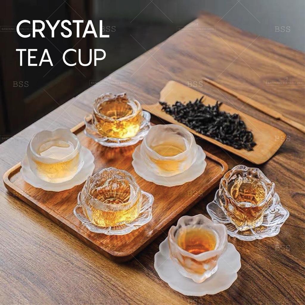 Tea Cup 50ml Cangkir Gelas Teh Kecil Cantik Bunga Kaca Pisin Dof Clear Tebal