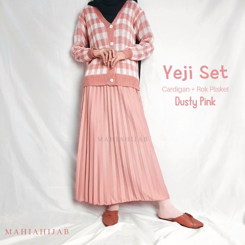 4in1 Setelan lengkap Yeji Cardi ( Cardi + Rok Plisket + Hijab Bella ) OUTFIT RAJUT  Korean Style , SETELAN LENGKAP