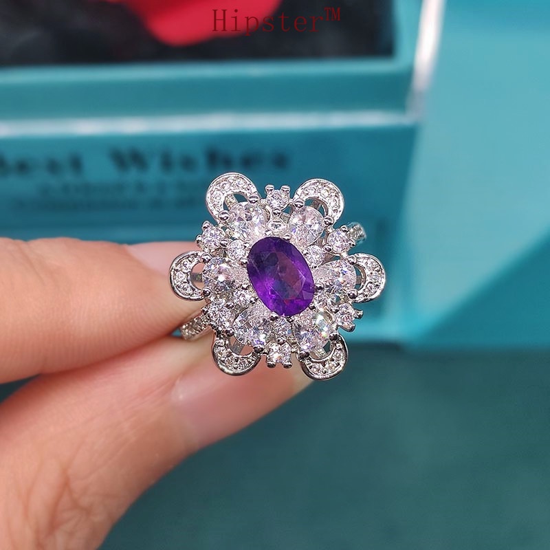 New Luxury Blue Topaz Ring Natural Amethyst Open Women