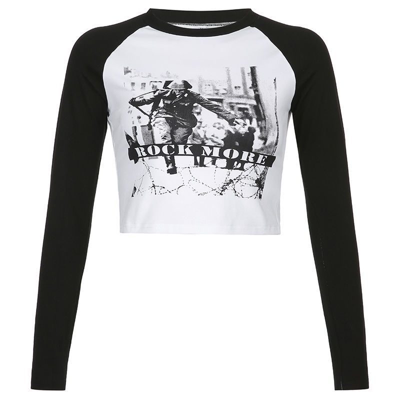 Suhao American Top Rapcopter American Print T-Shirt Wanita Lengan Panjang Raglan Lengan Ramping Atas