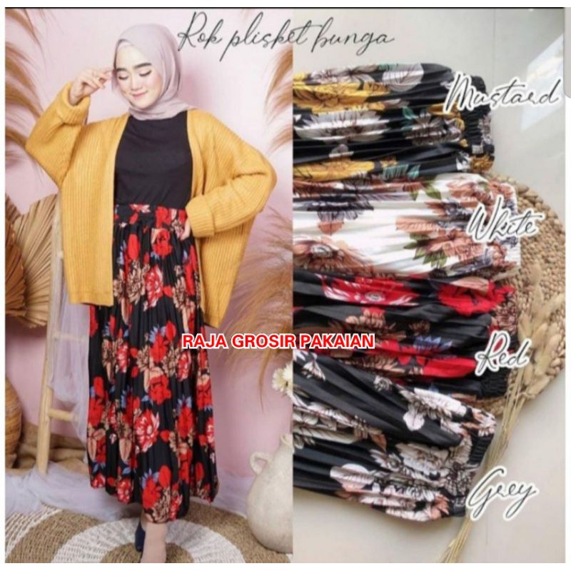 Rok Plisket Import Motif Bunga Tulip / Termurah