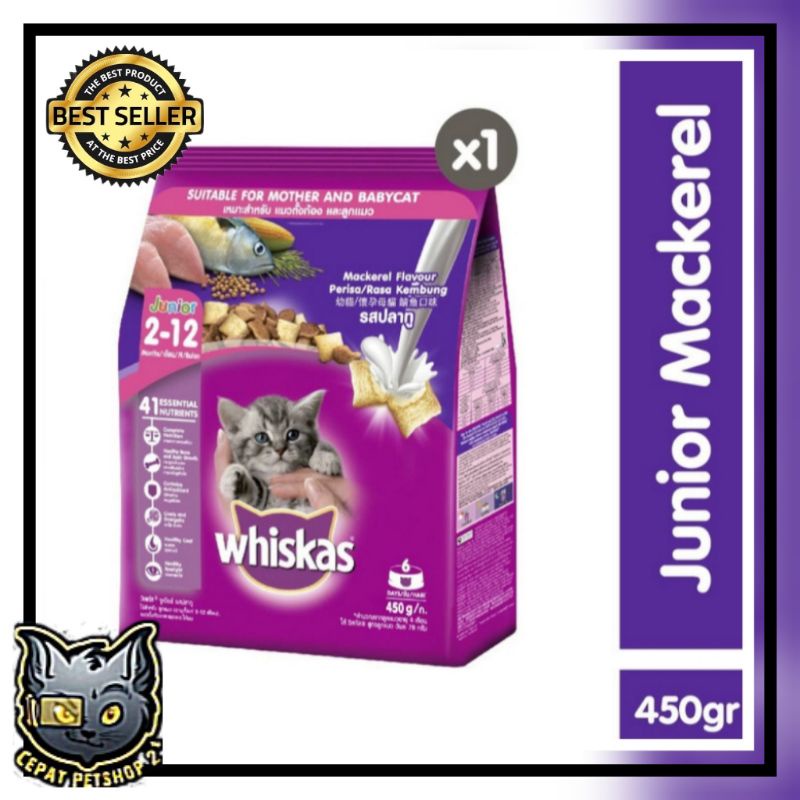 whiskas junior mackerel 450gram freshpack / makanan kucing whiskas junior mackerel