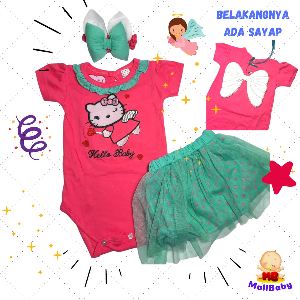 Baju Anak Bayi Perempuan 0 3 5 9 12 Bulan Set Jumper Bayi Rok Bandana Sayap Kitty Angel