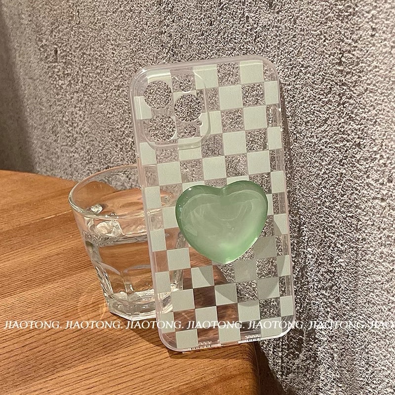 Green Square With Heart Holder Softcase Lucu for iphone XS XS Max XR 11 Pro Max 12 Pro Max 13 Pro Max