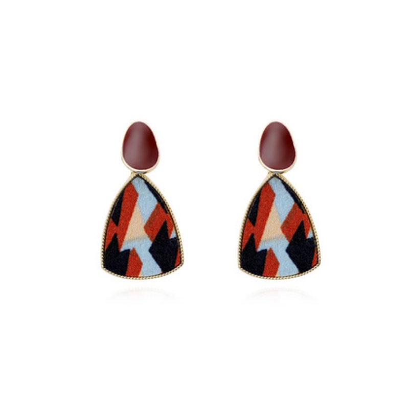 Anting Segitiga Geometris Motif Kotak burgundy Vintage Untuk Wanita Aksesoris Telinga Korea