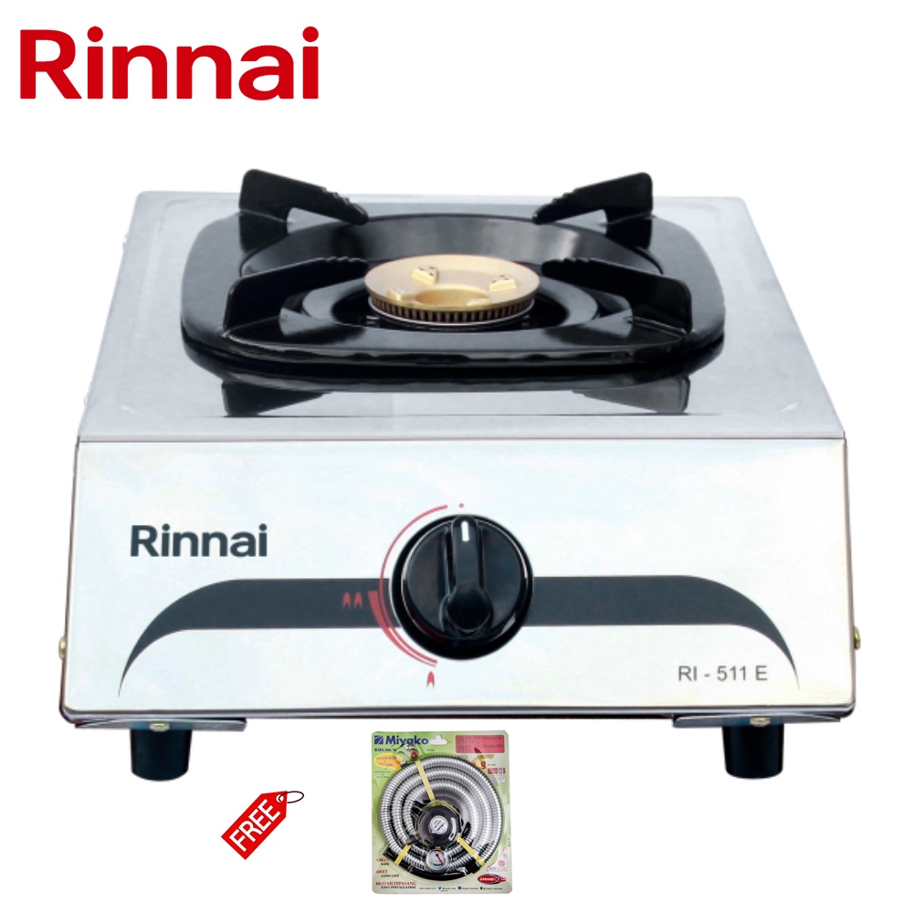 Rinnai RI-511E Kompor Gas 1 Tungku Stainless FREE Paket Miyako Selang Gas Meter