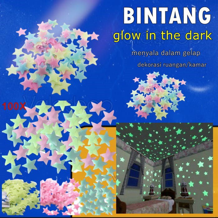 Isi 100 pcs hiasan kamar  bintang glow  in the dark  hiasan  Isi 100 pcs hiasan kamar  bintang glow  in the dark  hiasan