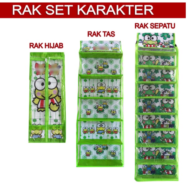 Rak Set Gantung 3in1 Karakter (HBO+HSO+HJO) / Rak Tas + Sepatu + Hijab