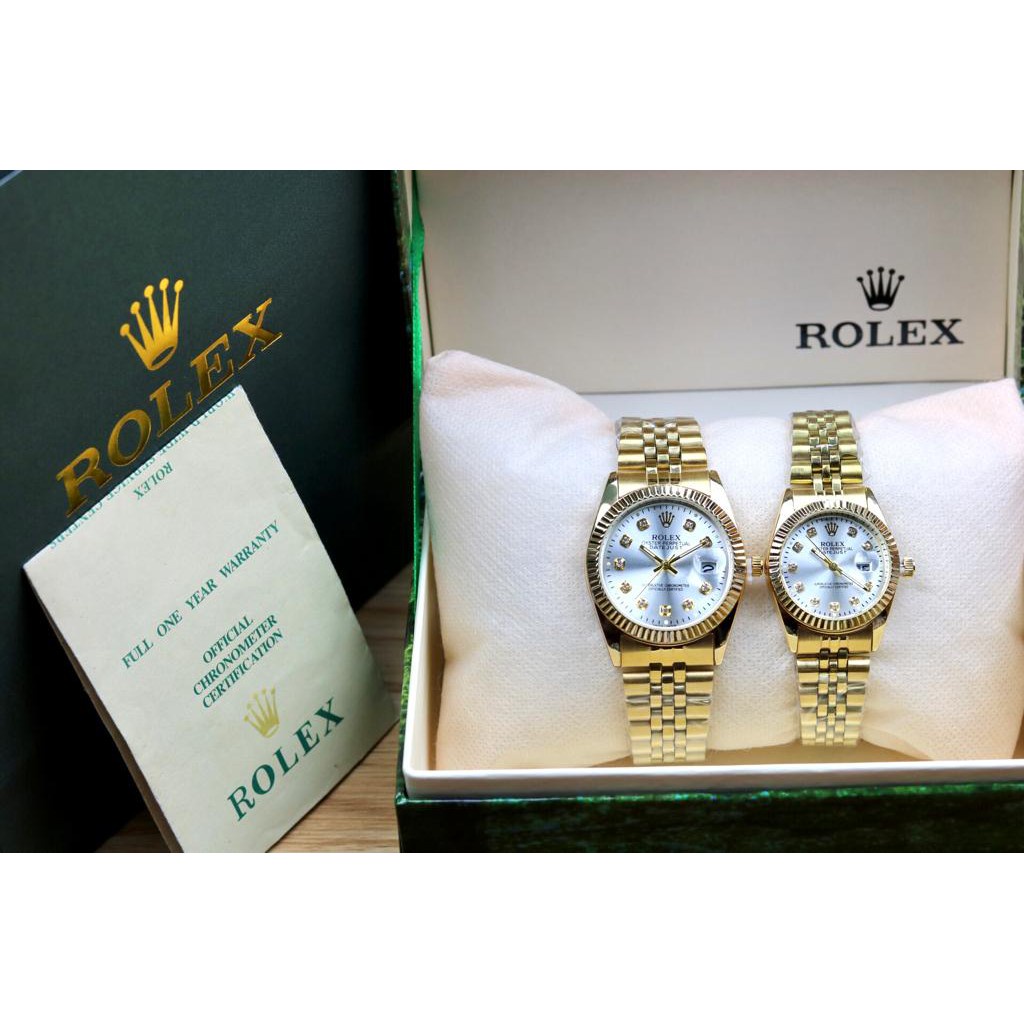 Jam Tangan Couple Pria & Wanita Rolex Original 32506YK Tali Rantai Terbaru Motif Gerigi Tanggal Akti