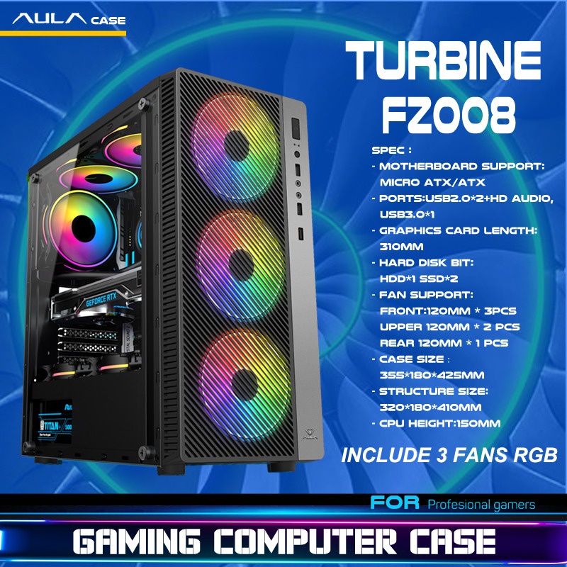 Casing PC Gaming / Komputer Gaming AULA FZ008 include 3 fans RGB / Case PC / PC Case /      PC Gamin
