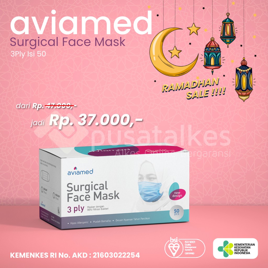 Masker Medis Hijab/Headloop Aviamed 3ply Isi 50pcs || BFE 98% Bersertifikat KEMENKES RI