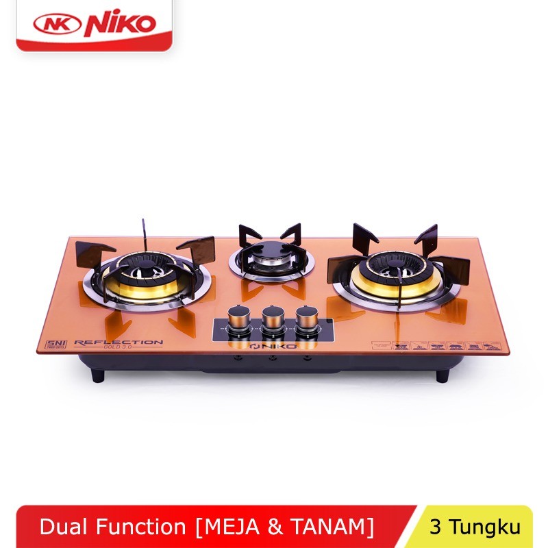 Termurah Kompor Gas Tanam 3 Tungku Kaca -  Gold 3.0 Garansi 12 Bulan