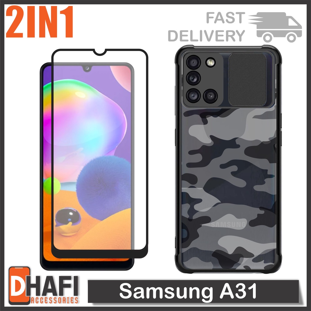 Case Samsung A31 Paket 2in1 Softcase Slide Army Free Tempered Glass Layar