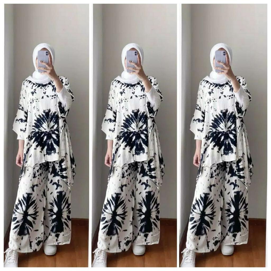 SETELAN WAKA ONE SET WAKAWAKA RAYON PREMIUN JUMBO TERBARU HITAM PUTIH SHIBORI TYE DYE