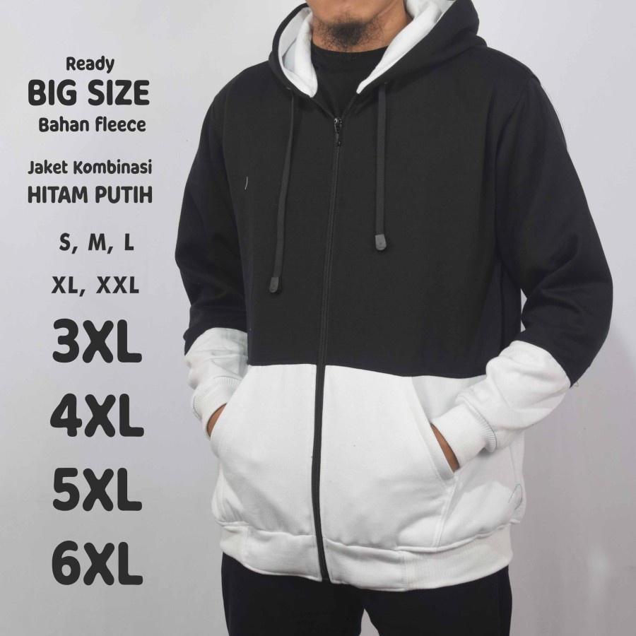 Jaket Pria Hoodie Kombinasi Hitam Putih Jumbo Big Size Zipper - Hitam Putih, S
