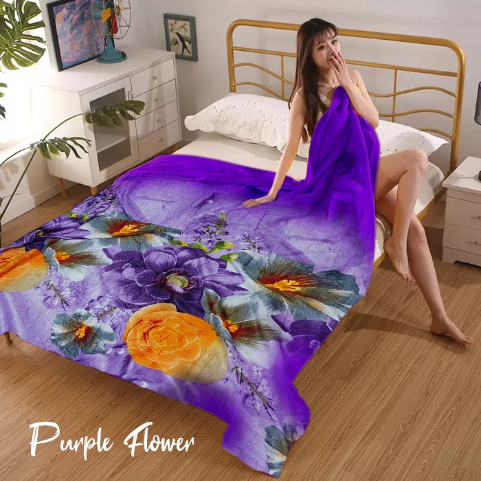 COD - Selimut Bulu Halus Ukuran  175x125cm Motif Dewasa-Purple Flower