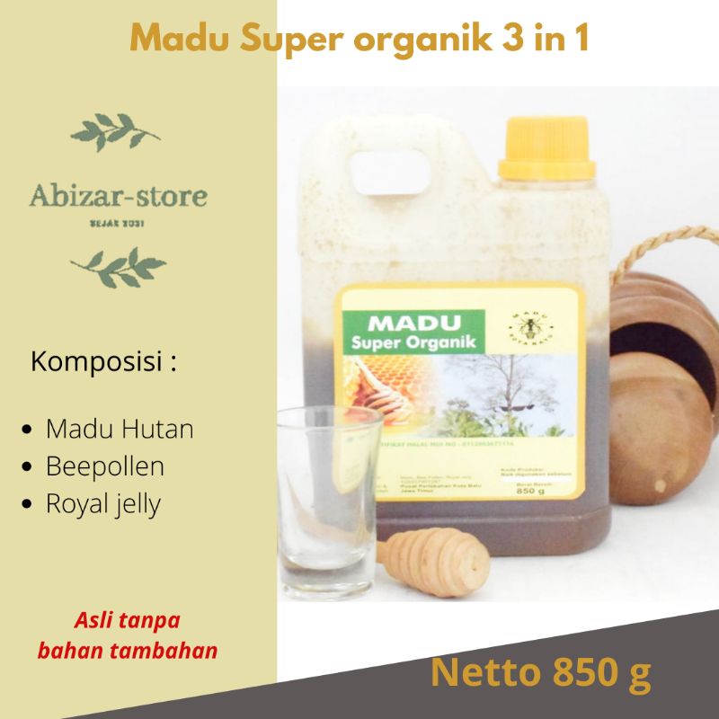 

Madu Super Organik (madu hutan, bee pollen, royall jelly) netto 850 gr kemasan jirigen