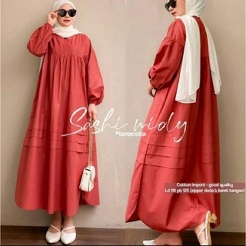 GAMIS MIDI TERBARU SASHI DRESS BAHAN KATUN POLOS UKURAN M L XL XXL LD 100 - 120 CM MIDI DRESS MUSLIM TERBARU 2023 KEKINIAN LONG TUNIK JUMBO MIDI DRESS GAMIS MUSLIM OOTD CASUAL